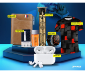 Bundle 1 PCs Set FN-3D Digital Printing Short Sleeve Medium T-Shirt for Men - Red and Black + 1 PCs Set Luxury Card Holder And Wallet Organizer - Assorted Color + 1 PCs Set Vkarh Retro Rechargeable Cordless Hair Clipper for Men- Gold + 1 PCs Set T500 Ultra Pro Clip USB Charging Smart Watch Ocean Band Loop Wrist Strap - Black + 1 PCs Set TWS Airpod Pro 3 Bluetooth Earphones Wireless Headset - White + 1 PCs Set Galaxy Signature EAU DE Perfume - 100 ml