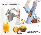 Bundle 1 PCs Set Aluminium Fruit Squeezer And Pressure Fruit Juicer Press Household Kitchen Tool Fruit Juicer Citrus Extractor Tool - Silver + 1 PCs Set Vegetable Chopper Safe Mandoline Slicer for Kitchen Manual Veggie Julienne Food Cutter for Potato Onion Garlic French Fry Meat with Container 3 Insertable Blades 