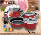 Bundle 1 PCs Set Olympia 14 Piece High Quality Non Stick Cookware Set with Deep Fryer - Red + 1 PCs Set Fuxwell High Quality Stainless Steel 3inch knife set - 12Pcs