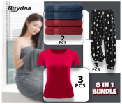 Bundle 3 PCs Set Single Piece Womens Casual Top Round Neck T-Shirt + 3 PCs Set Mixed Bloomers Pants for Women + 2 PCs Set Large Bath Towel