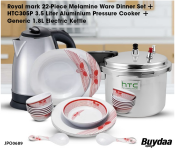 Bundle 1 PCs Set Generic 1.8L Electric Kettle - Black and Silver + 1 PCs Set HTC305P 3.5 Liter Aluminium Pressure Cooker + 1 PCs Set Royal mark 22-Piece Melamine Ware Dinner Set - Red/White