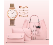 Bundle 1 PCs Set PU Leather Ladies Wallet Ladies Pars Hand Set Bag With Rivet - Rose + 1 PCs Set Luxury Magnet Buckle Flower Rhinestone Ladies Quartz Wrist Watch with 4 Pcs Bracelet Set - Gold