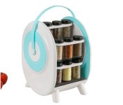 18 Jar Rotating Spice Rack Set | Windmill Design Kitchen Spice Organizer with Turntable Stand, Durable Plastic Spice Shelf for Home, Outdoor & School Use - Blue