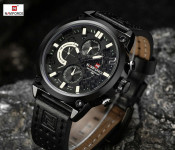 Naviforce 9068 Men Luxury Chronograph Leather Starp Watch - Black