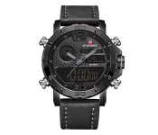 Naviforce 9134 Men Analog-Digital Leather Starp Watch - Black