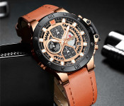Naviforce 9159 Men Luxury Chronograph Leather Starp Watch - Gold