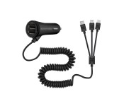 Promate Charger-Trio 3 in 1 Multifunctional Universal Car Charger with Dual USB Ports, Black