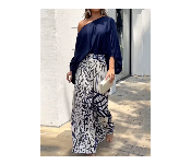 Loose Puff Sleeves Solid Color Off The Shoulder Blouses and Printed Pants Two Pieces Set Front View - ID 140103