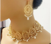 Elegant Indian Inspired Jewelry Set 3 Piece Gold Tone Necklace and Earrings with Pearl Drops  - Similar Product Imag - ID 141633