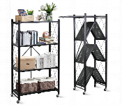 4 Tier Folding Storage Shelf Metal Rack With Rolling Wheels Stainless Steel Heavy Duty Black  - Similar Product Imag - ID 7158251