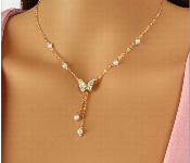 Women Butterfly Pendant Pearl Choker Necklace Gold Color Rhinestone Inlaid Link Chain Tassel Jewelry  - Similar Product Imag - ID 7164708