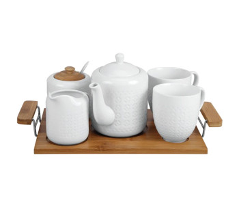 Royalford RF9239 6 Pieces Porcelain Tea Set With Wooden Stand - 5inches, White in UAE