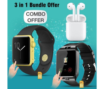 3 In 1 Gift Set Of Twin Bluetooth Headset With Power Bank, A1 And DZ09 Smart Watch With Camera, Memory And Sim Card Slot DZ09A1 Assorted in UAE