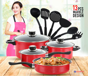 Olympia OE-1313 13 Pieces Marble Design Non Stick Cookware Set - Red in KSA