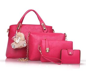 4 Pieces PU Leather Luxury Top-handle Composite Bags Set For Women - Pink in KSA