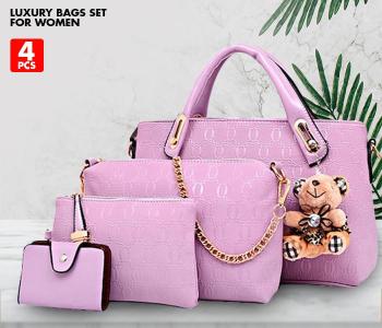 Ladies Luxury Bag 4 Pcs Set With Bear JA062 - Light Pink in KSA