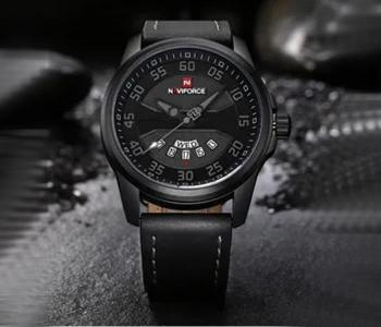 NaviForce 9124 Sport Leather Wrist Quartz Watch For Men - Black in KSA