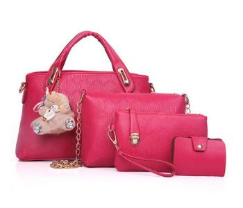 Ladies Luxury Bag 4 Pcs Set With Bear JA061 - Dark Pink in KSA
