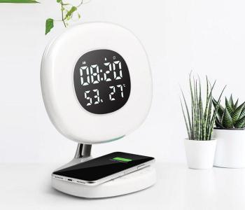 Promate AuraRise Digital Alarm Clock With 6 Color LED And Wireless Charging Station - White in UAE
