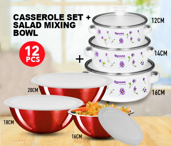 Reona EN-4699 6 Pcs Casserole Set - White + 3 Sets OE-1746 Serving Nesting Stainless Steel Salad Mixing Bowl With Lids – Red in KSA