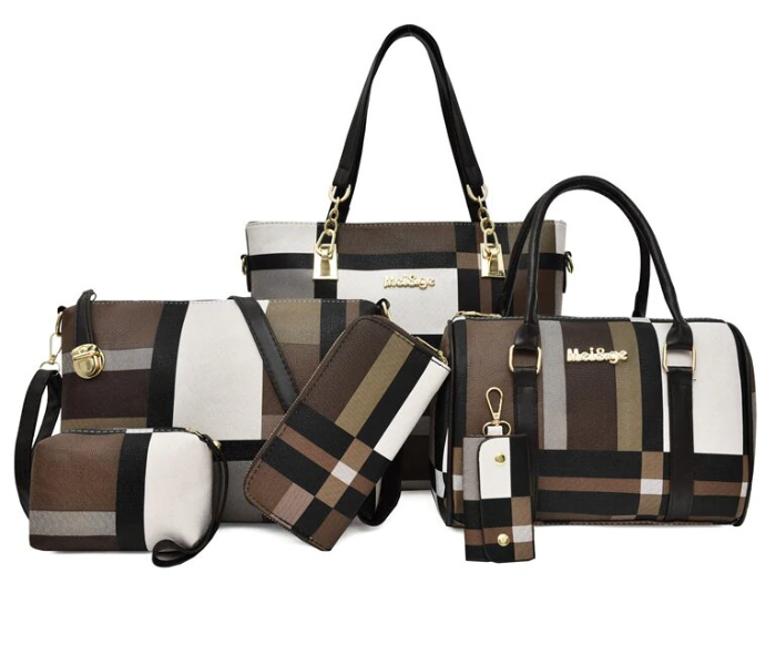 PU Leather 6 Pcs Check Pattern Composite Shoulder Crossbody Bag For Women -Brown in KSA