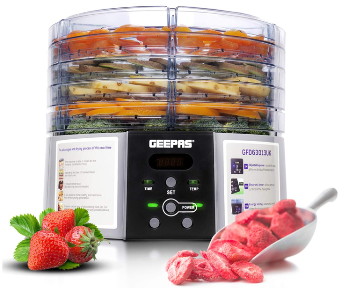 Geepas GFD63013UK 520W Digital Food Dehydrator With 5 Large Trays – Black And Silver in UAE