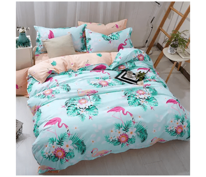 Flower Design 6 Pcs Cotton Double Size Bedsheet With Quilt Cover And Pillow Case – Light Green in UAE