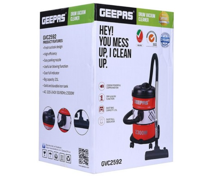 Express Delivery - Geepas GVC2592 2300 Watts Drum Vacuum Cleaner - Red and Black - ID 14202