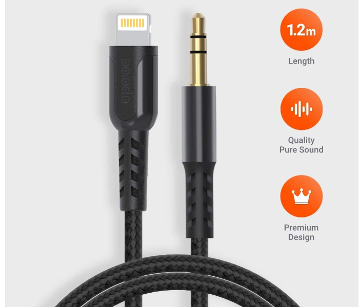 Express Delivery - Porodo 1.2 Meter Lightning Aux Cable - Black - ID 54415