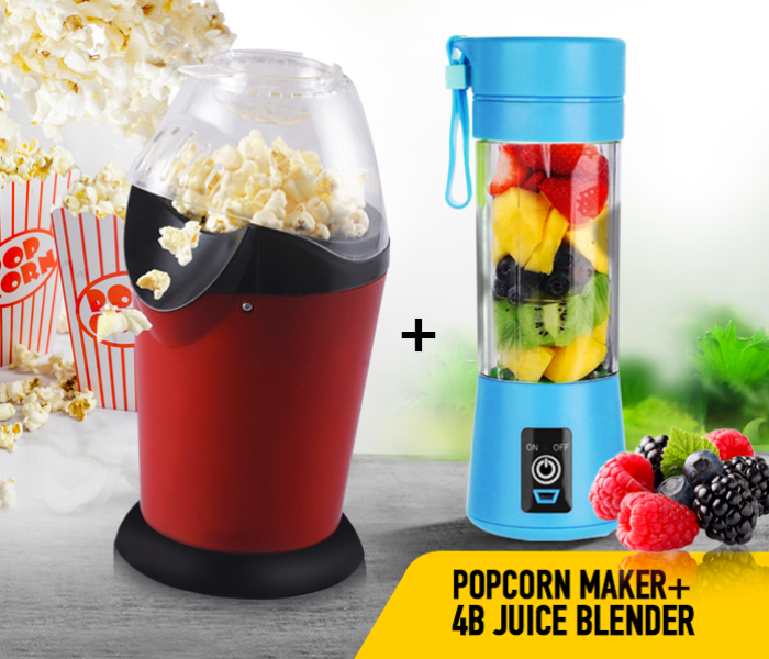Popcorn Maker Red And Black JA052 + Portable Rechargeable 4B Juice Blender With 4 Stainless Steel Blade - (JA041)Blue in KSA