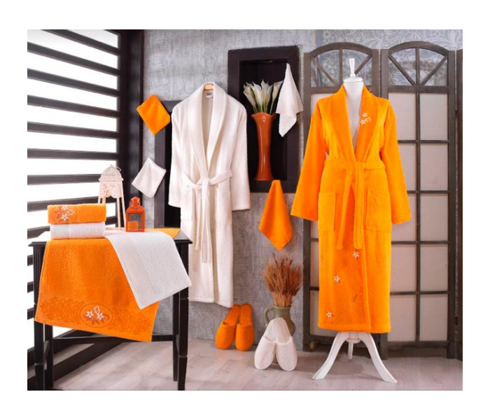 Express Delivery - Couple Bath Robe Cotton Set - Orange and White - ID 64316