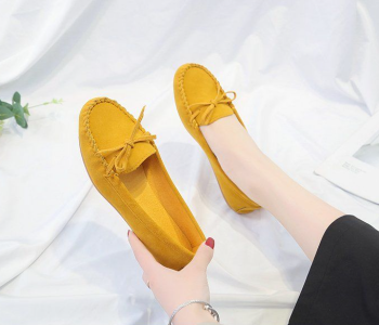 Express Delivery - Bow Reverse Suede Leather Breathable Cow Tendon Sole Set Casual Shoes EU 35 For Women - Yellow(JA141) - ID 66697