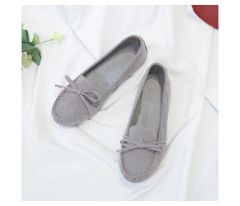 Express Delivery - Bow Reverse Suede Leather Breathable Cow Tendon Sole Set Casual Shoes EU 35 For Women - Grey(JA141) - ID 66698