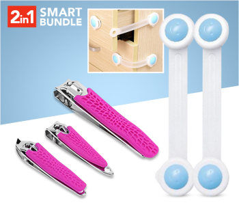 Baby Safety Lock Band - 2 Pieces, White & Blue + 3 Pieces Stainless Steel Nail Cutter Set - Pink in KSA