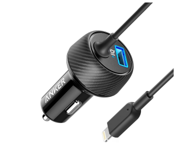 Express Delivery - Anker A2214H11 Powerdrive 2 Elite 24W 2 Port Lightning Car Charger with 3 ft MFI Certified Lightning Cable - Black - ID 69320