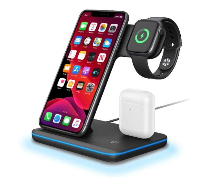 Express Delivery - Trands TR-AD6953 3 in 1 Wireless Charger for Smartphone,iWatch and Air Pods - Black - ID 70591