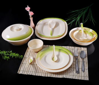 Royalford RF8101 64 Pieces Ribble Designed Melamine Ware Dinner Set - Ivory & Pista Green in UAE