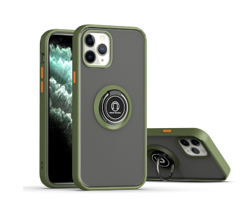 Express Delivery - Silicone Soft Edge Mobile Case with Metal Finger Ring Holder Stand for Apple iPhone 12 Mini - Army Green - ID 72022
