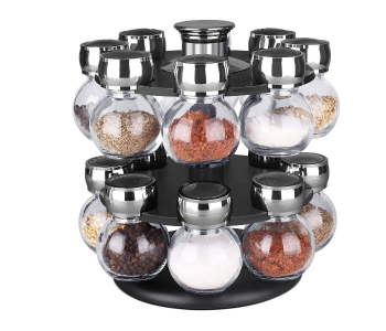 Express Delivery - 16 Jars Glass Jar with Revolving Rack - Black and Silver - ID 72634