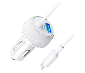 Anker A2214H11 Powerdrive 2 Elite 24W 2 Port Lightning Car Charger With 3 Ft MFI Certified Lightning Cable - White in UAE