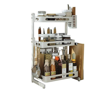 Three Tier Metal Countertop Kitchen Spice Rack With 3 Hooks - White in OMAN