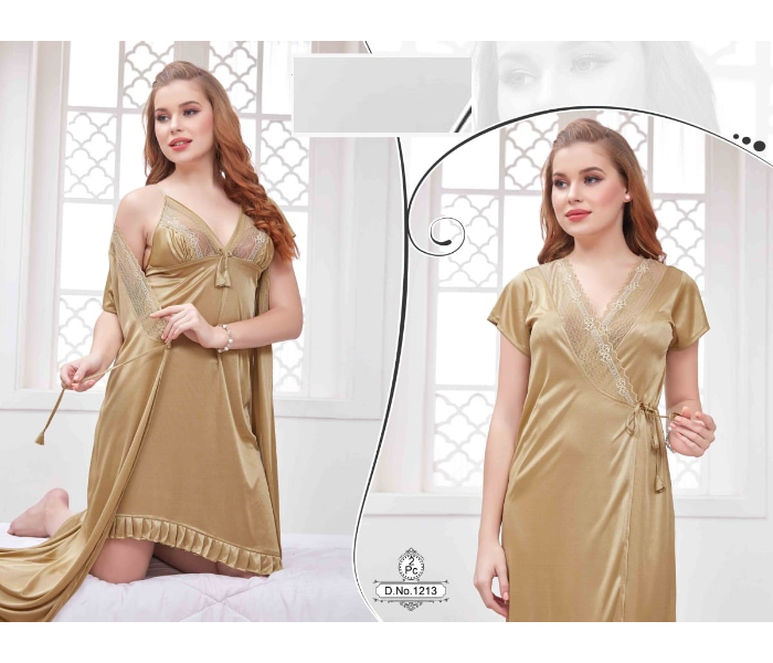 Express Delivery - Faaiza Two Piece Free Size Silky Satin Nightwears for Women - Light Brown - ID 78369