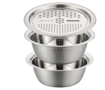 3-In-1 28cm Stainless Steel Grater And Drain Basket Washing Bowl Set- Silver in UAE