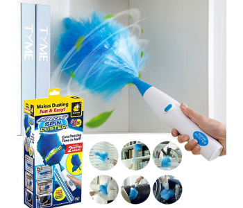 Electric And Battery Operated Dust Cleaner, Spin Duster Motorized Multifunctional Dust Remove Cleaning Brush Wand With 2 Duster Heads- Blue And White in UAE