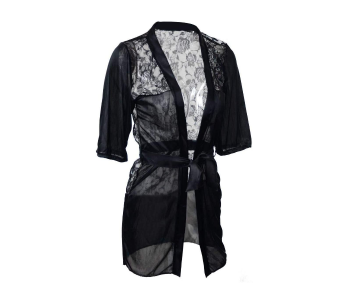 Fashion Costume Lingerie Pajamas With Robe And G-String - Satin Black in OMAN