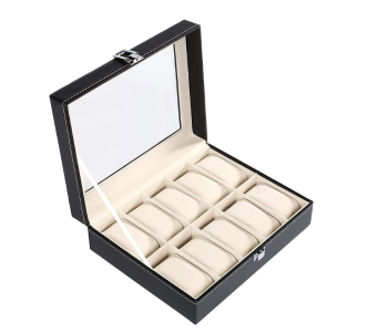 10 Slot PU Leather Watch Organizer With Glass Lid - Black in OMAN