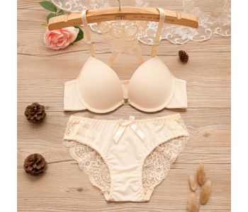 Express Delivery - Beautiful Butterfly Embroidered Bridal Wired Lingerie EU 36 - Beige - ID 91932