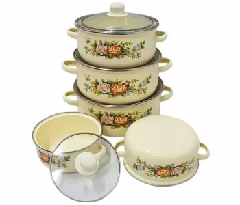 JA185-1 Reoona Round Non-Stick Hot Pot Enamel Casserole Set With Glass Lid 10 Pieces - Yellow in KSA