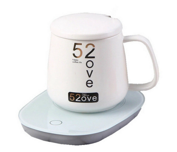 Portable Warmer Heating Cup Ceramics Mug Thermostatic Coaster Mug Mat Office Tea Coffee Milk Heater With Cup Spoon - White in UAE