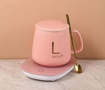 Portable Warmer Heating Cup Ceramics Mug Thermostatic Coaster Mug Mat Office Tea Coffee Milk Heater With Cup Spoon - Pink in UAE